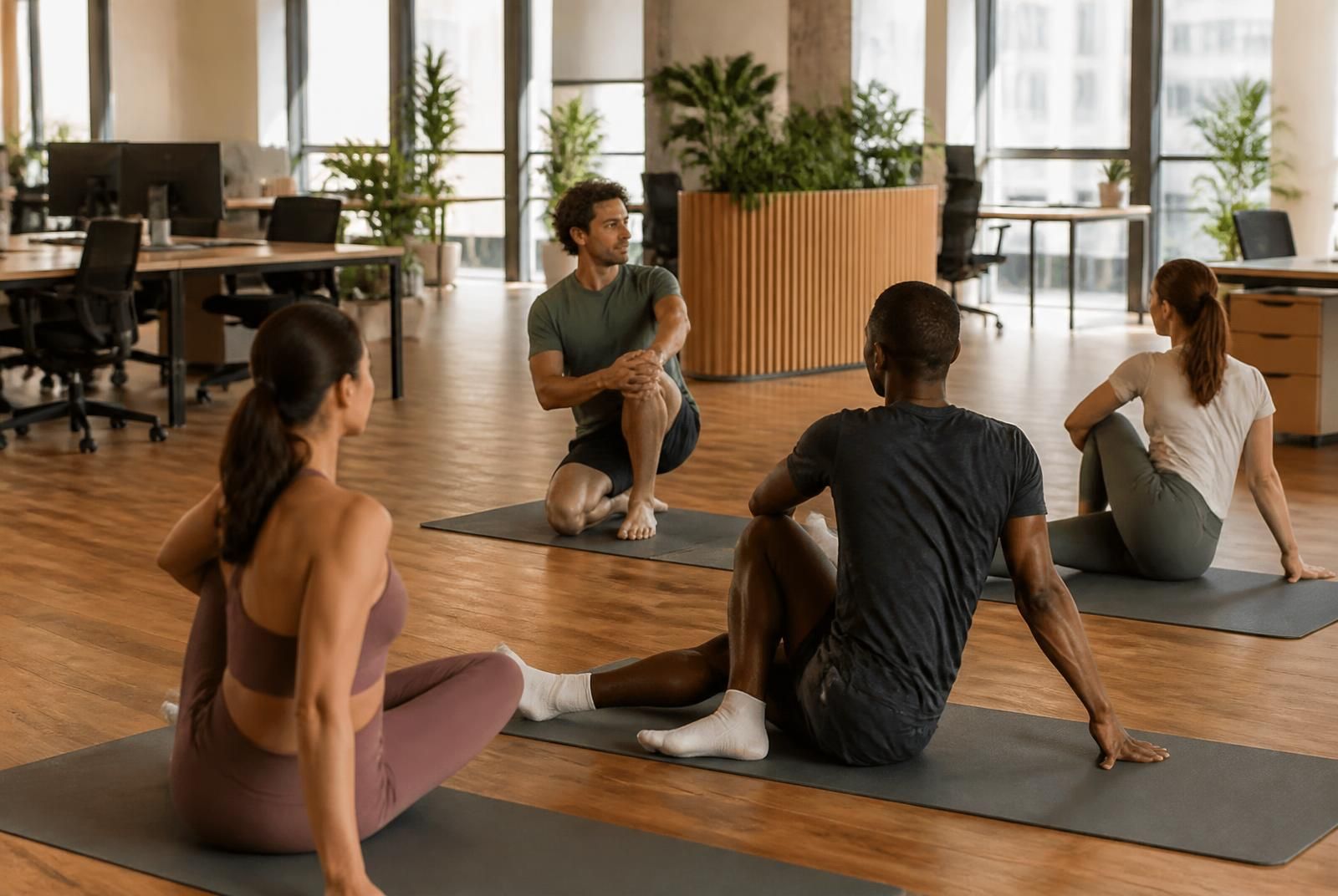 Image d’ambiance — quatre personnes assises sur des tapis au milieu d’un open space, en étirement.