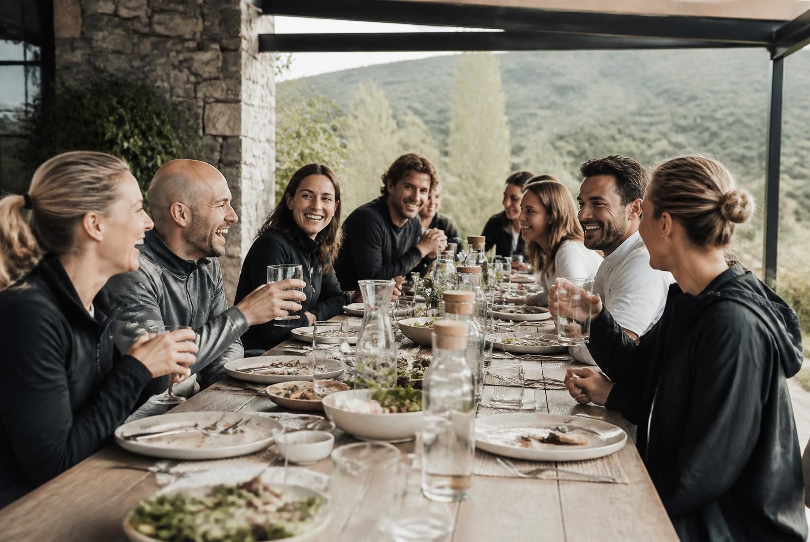 Image d’ambiance — une tablée rit sous une pergola de pierre, les collines boisées en arrière-plan.