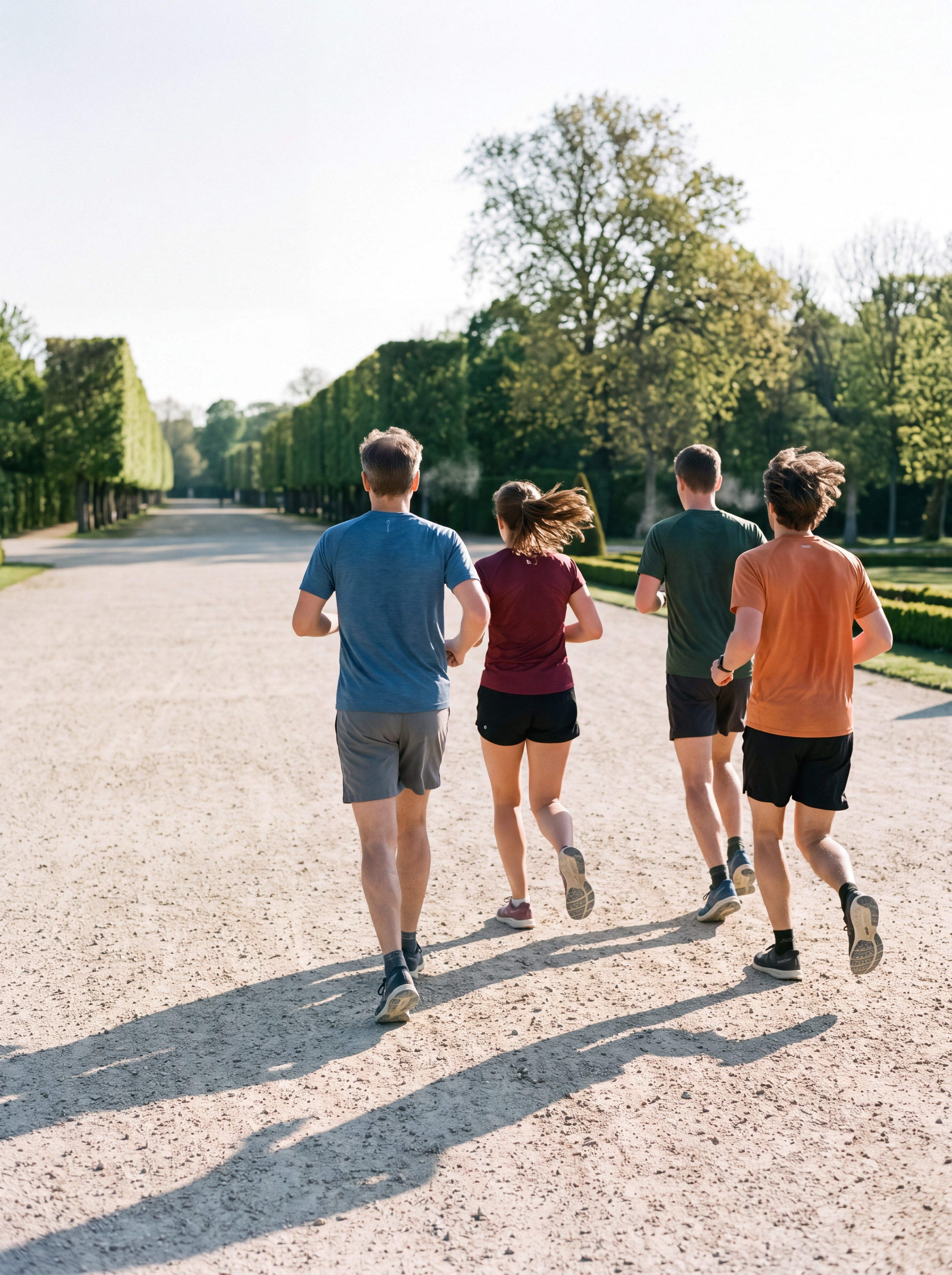 Image d’ambiance — un groupe de coureurs de dos sur une allée de gravier, au soleil rasant du matin.