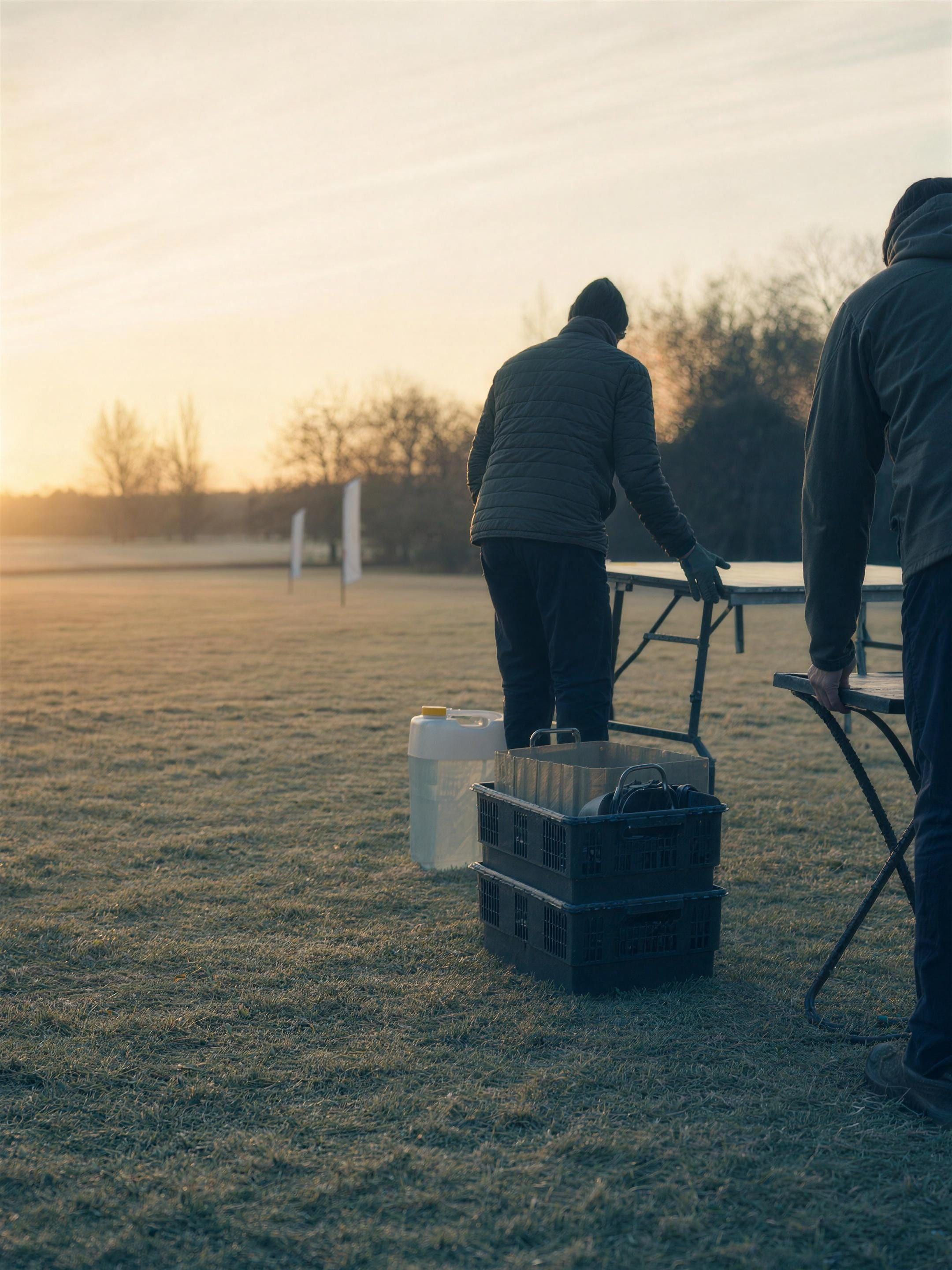 Image d’ambiance — deux personnes de dos installant une table sur l’herbe gelée au lever du jour, des caisses et un bidon posés à côté.