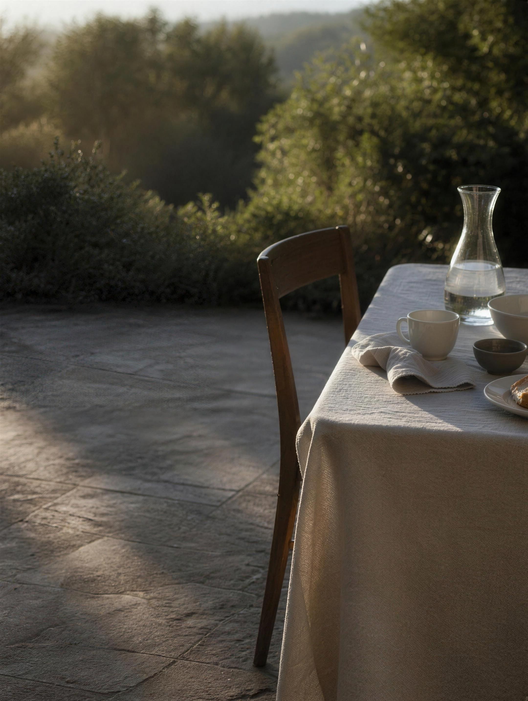 Image d’ambiance — une table dressée de lin et de céramique sur une terrasse de pierre, au soleil rasant du matin.