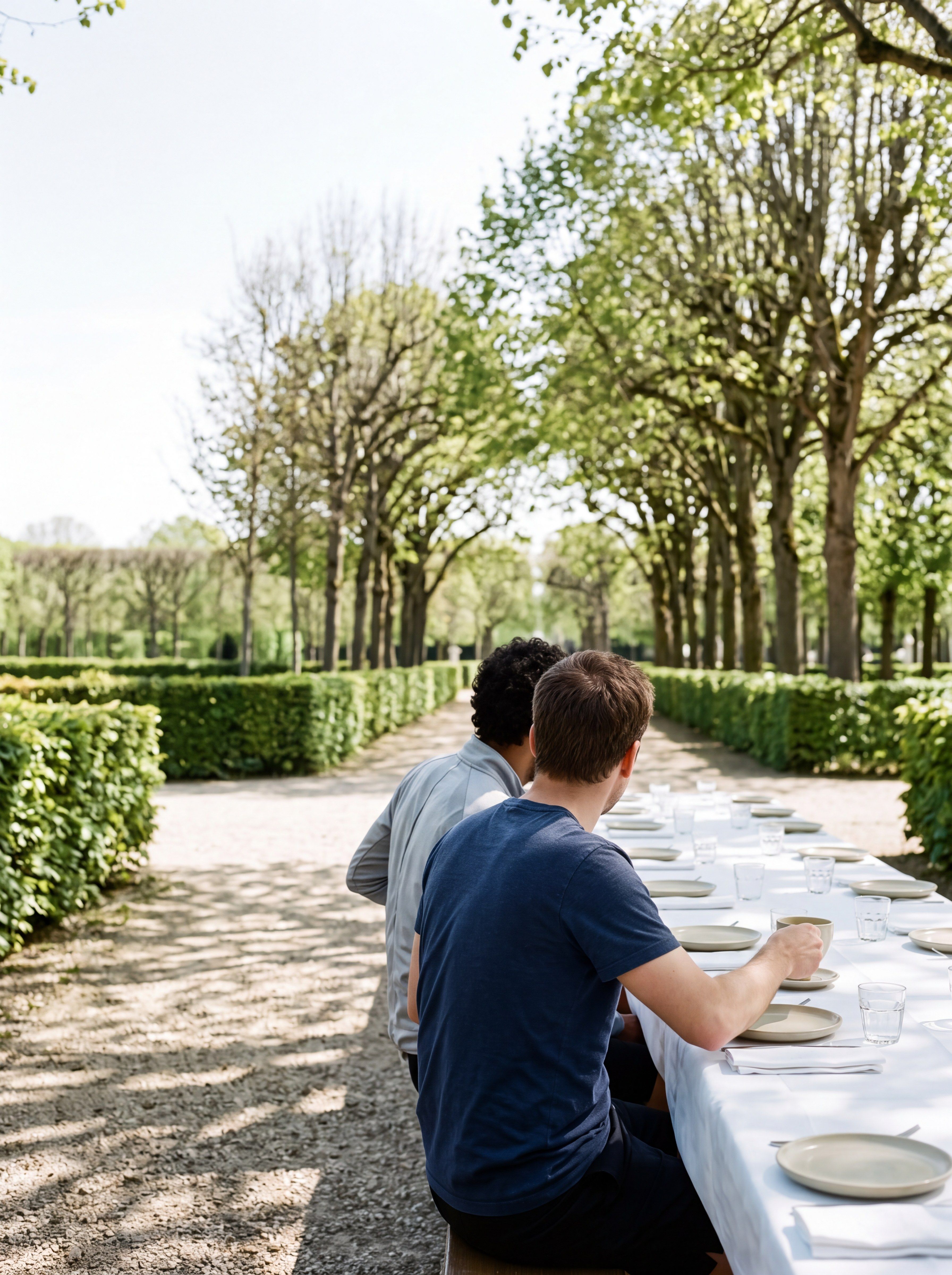 Image d’ambiance — une longue table dressée de lin et de céramique sur une allée de gravier, après l’effort.