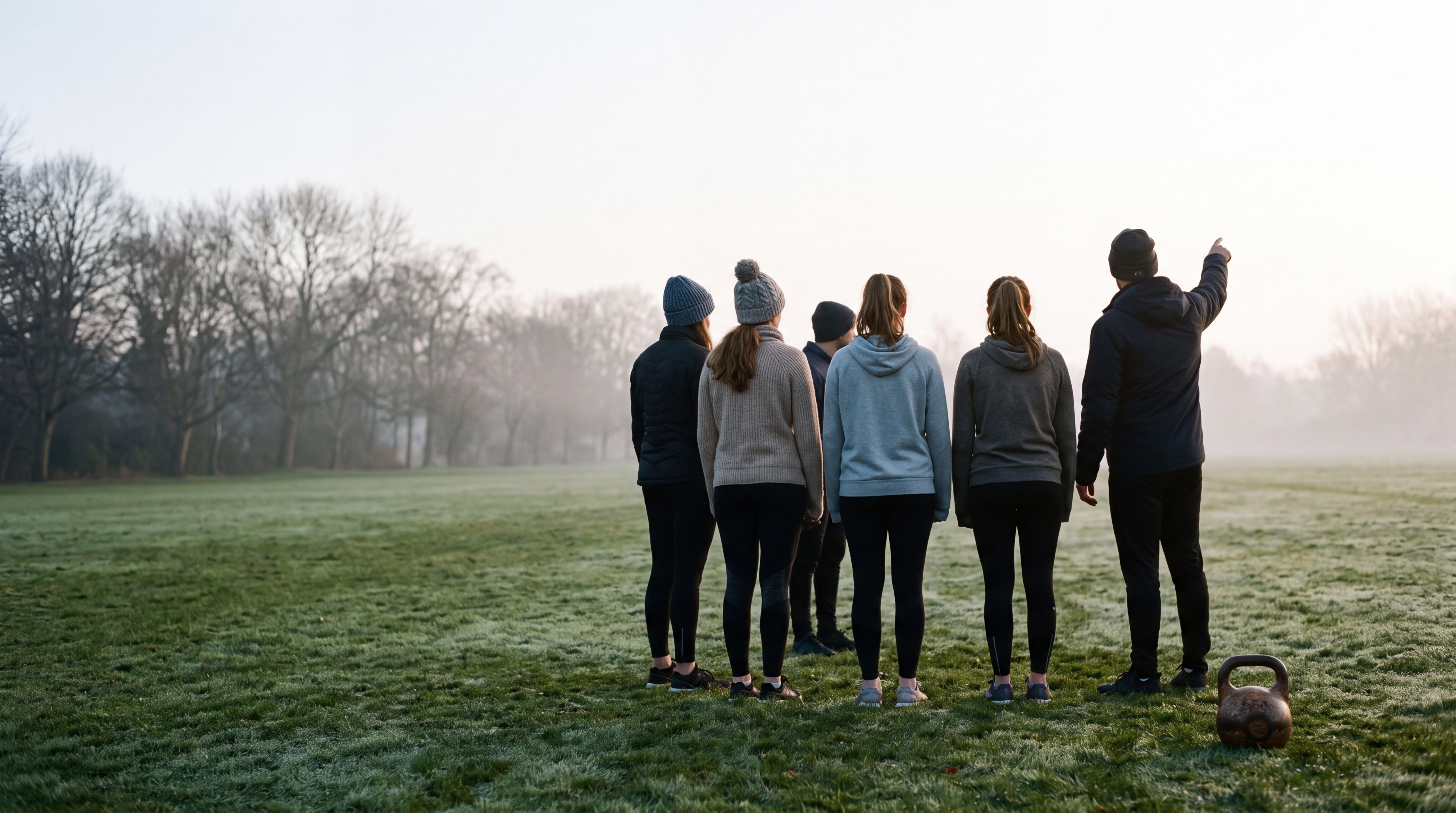Image d’ambiance — un petit groupe s’entraîne sur une pelouse dans la brume, un coach debout à côté.